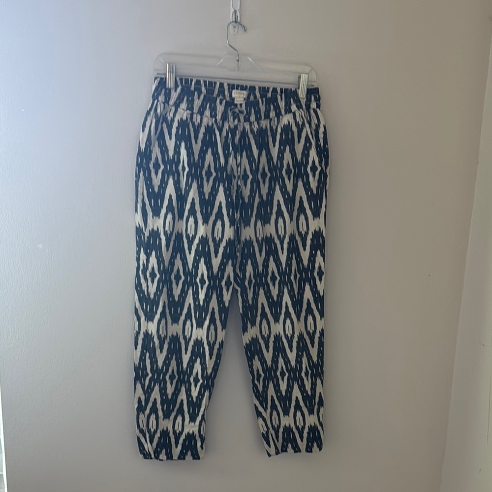 J. Crew black ivory print elastic waist linen cotton pants Sz 4